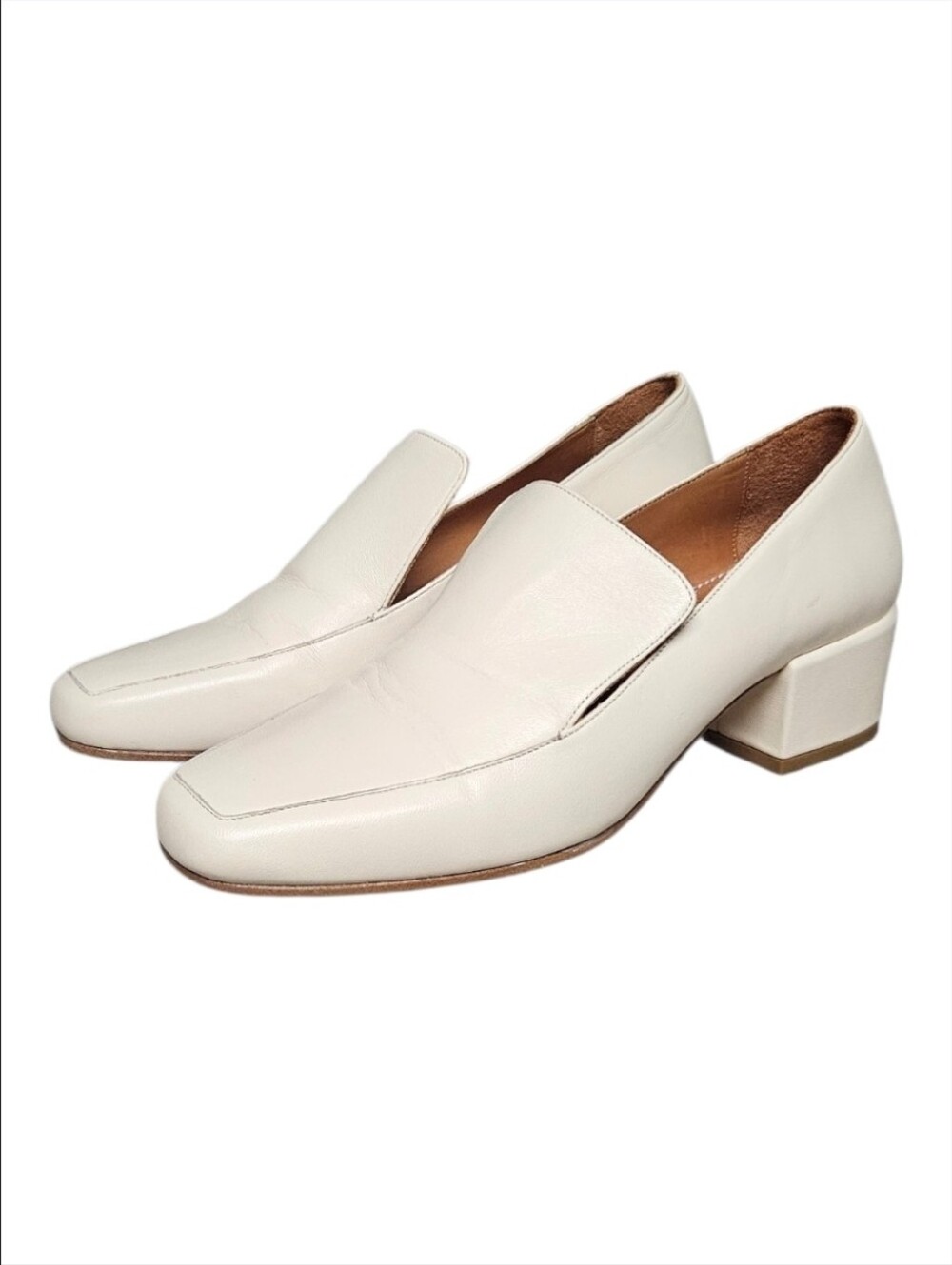 STAUD | Ivory Leather Square Toe Heeled Loafers Pumps EU 37 / US 7